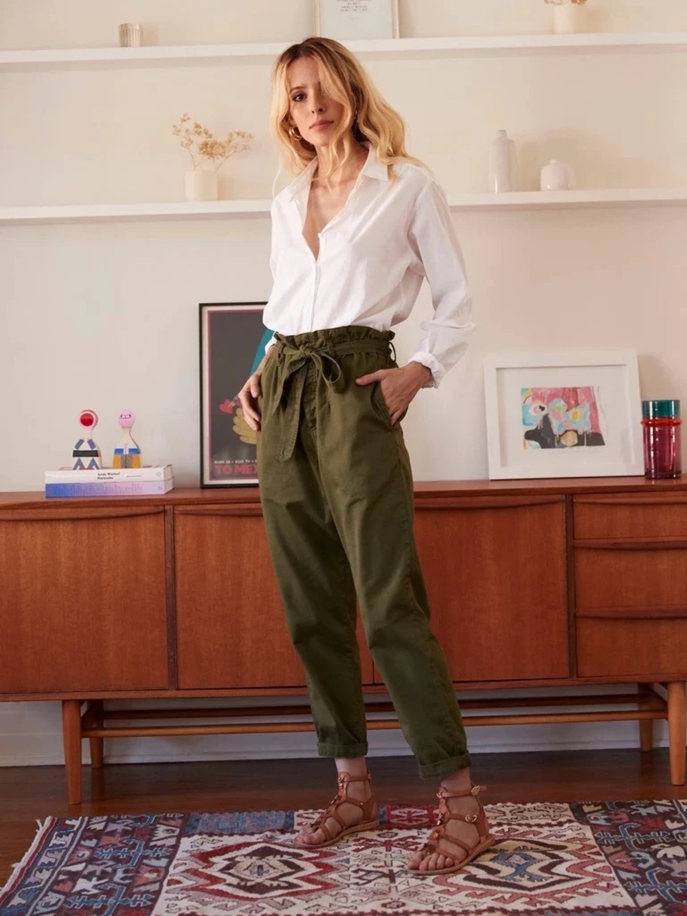 XIRENA Tyrese Olive Green Paperbag Waist Pants S *rare* !
